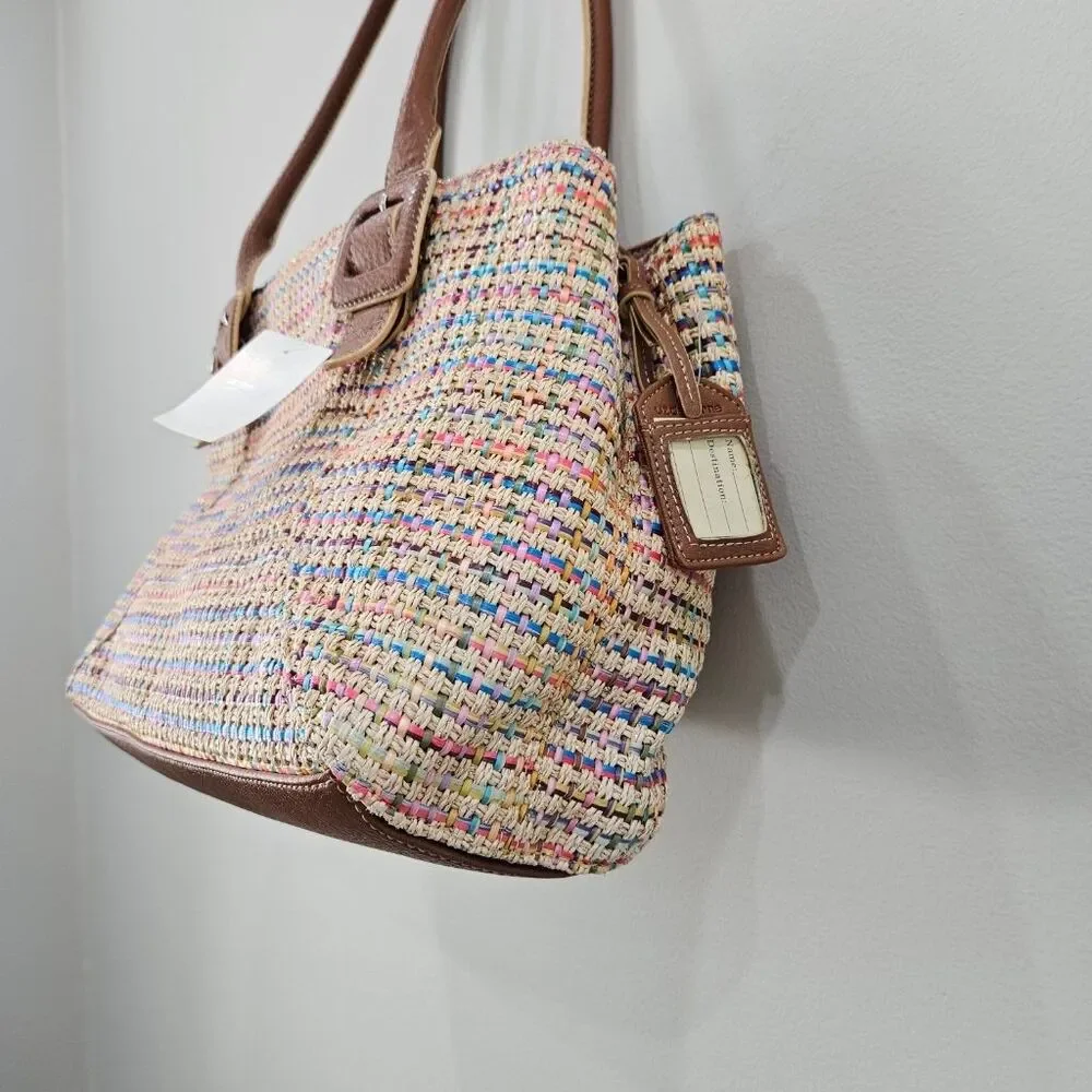 Liz Claiborne Rainbow Woven Straw Satchel Bag Multicolor Brown Trim Y2K